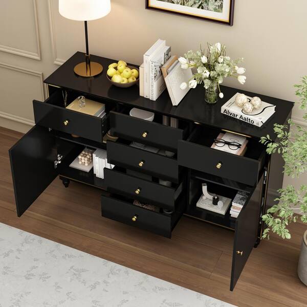 FUFU&GAGA 6-Drawers Black Wood Chest of Drawer Storage Cabinet Organizer  55.1 in. W x 15.7 in. D x 31.5 in. H KF330032-01 - The Home Depot