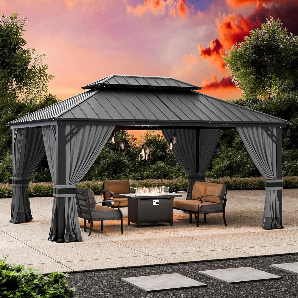 Gray 12x16ft Hardtop Gazebo with Nettings and Curtains