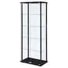 3/4 angle view of the black and clear 5-shelf glass storage cabinet.