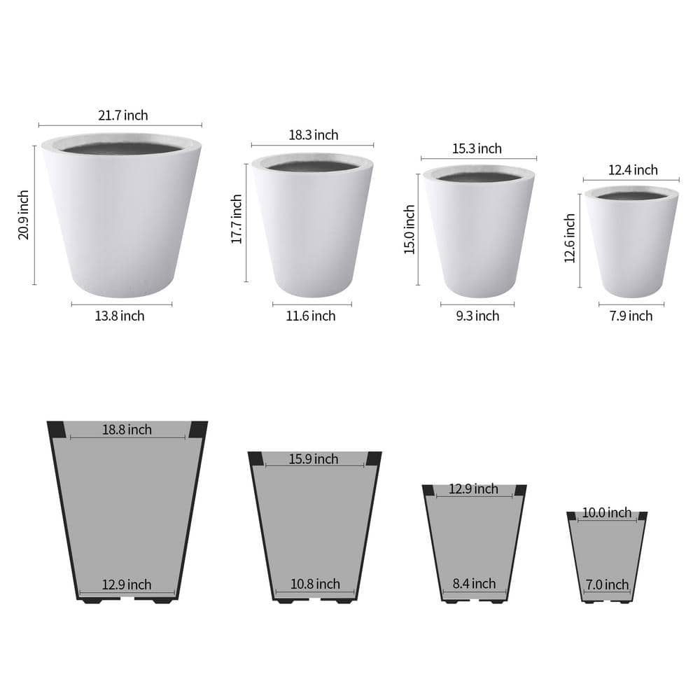 Set of 4 Pure White Lightweight Concrete Cylindrical Planters