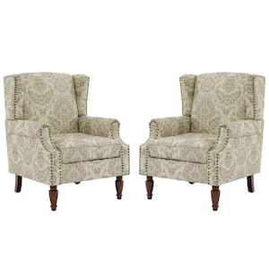 White Floral Pattern Linen Upholstered High Back Accent Arm Chair With Nailhead Trim(Set of 2)