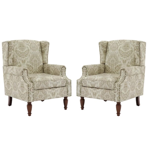 Uixe White Floral Pattern Linen Upholstered High Back Accent Arm Chair With Nailhead Trim(Set of 2)