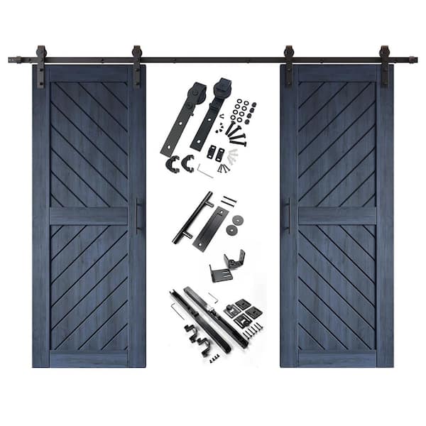 XT4 30 in. x 80 in. C-Panel Navy Slanted Stripe Design Double Pine Wood Sliding Barn Door with Hardware Kit