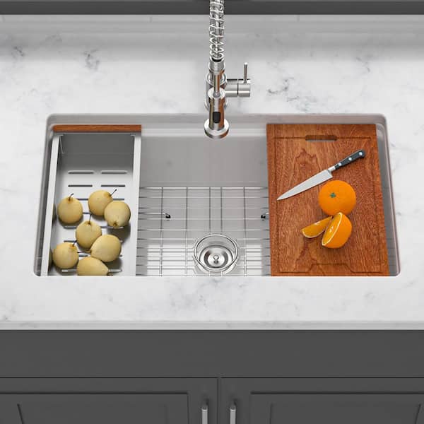 33 in. Undermount Single Bowl White Ceramic Kitchen Sink with Workstation