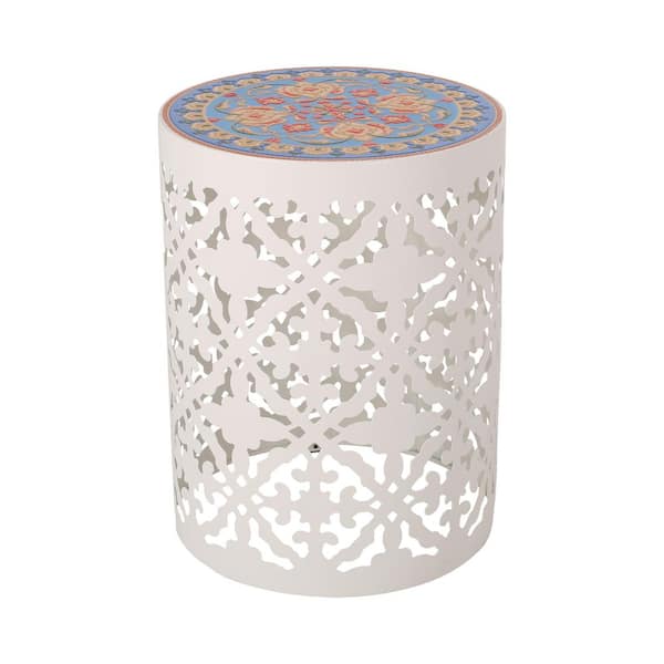 14 in. W x 18 in. H Round Metal Outdoor Side Table, Transitional Plant Table with Tile Mosaic Top in White