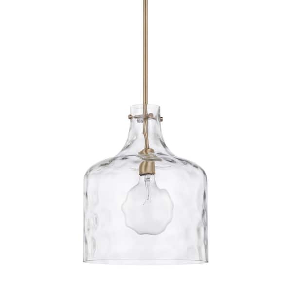 Crawford 12 in. W x 15 in. H 1-Light Clear Water Glass Pendant in Aged Brass