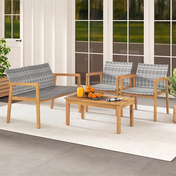 4-Piece Wicker Patio Conversation Set with Acacia Wood Frame Sofa Set