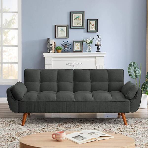 Uixe 75.39 In. W Dark Gray Modern Linen Upholstered Convertible Folding ...