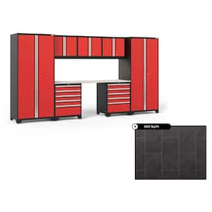 Pro Series 156 in. W x 84.75 in. H x 24 in. D Steel Cabinet Set in Red ( 8- Piece ) with 600 sqft Flooring Bundle