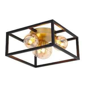 Griffintown 14 in. 4-Light Black and Gold Modern Farmhouse Flush Mount Ceiling Light Fixture for Kitchen or Bedroom