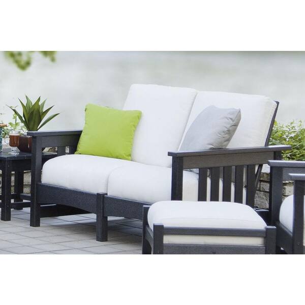 POLYWOOD Mission Black Plastic Patio Settee with Sunbrella Bird's Eye Cushions