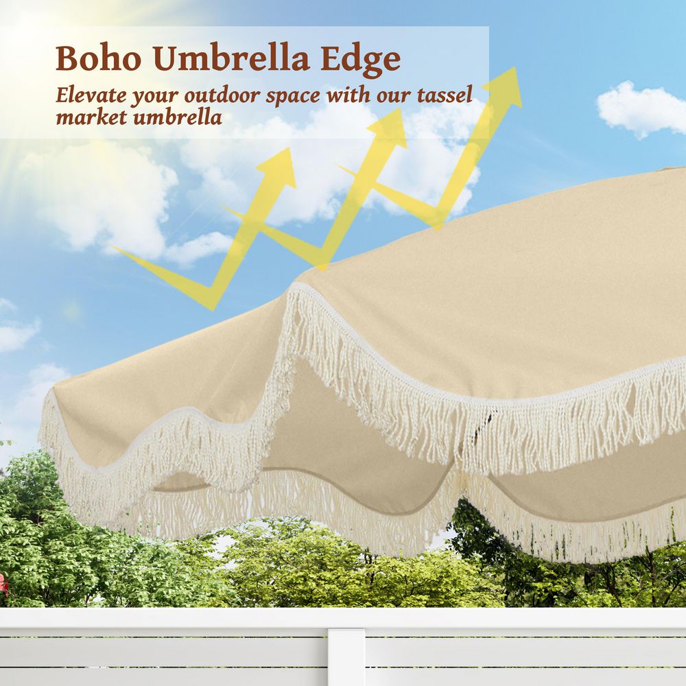 9 ft Beige Round Market Umbrella with Black Metal Pole and Tassels