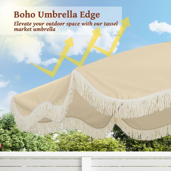 9 ft. Tassel Market Patio Umbrella with Full Fiberglass Rib in Beige