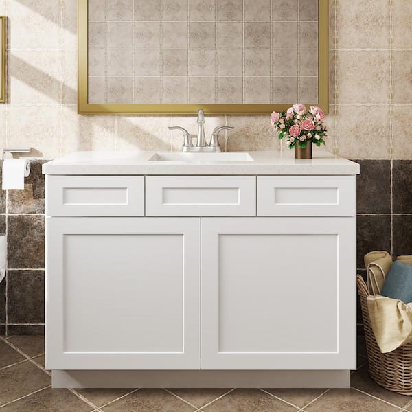 48 in. W x 21 in. D x 34.5 in. H in Shaker White Plywood Ready to Assemble Floor Vanity Sink Base Kitchen Cabinet