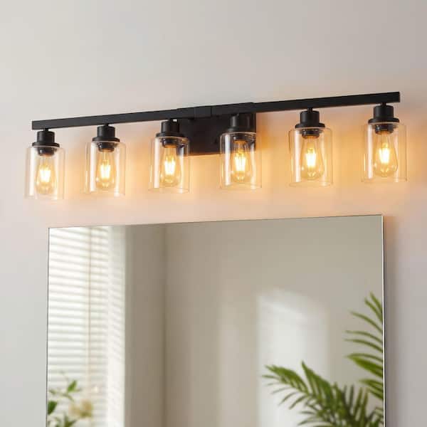 37 in. 6 Light black Grain Finish Vanity Light Fixture Bathroom Over Mirror Wall Lights white Glass Shades Living Room