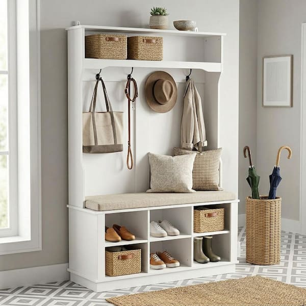 White Wooden Coat Rack, Hall Tree, Shoe Bentch with 8 Hooks, 6 Shoes Cubbies, 1 Seat and 1 Open Shelf
