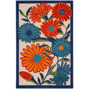 Aloha Multicolor doormat 3 ft. x 4 ft. Daisy Floral Botanical Contemporary Indoor/Outdoor Area Rug