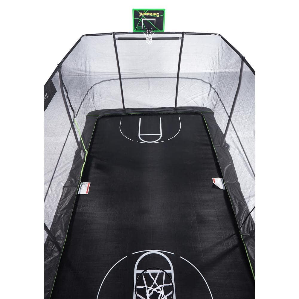 Black Rectangular Steel Trampoline with Enclosure and Basketball Hoop