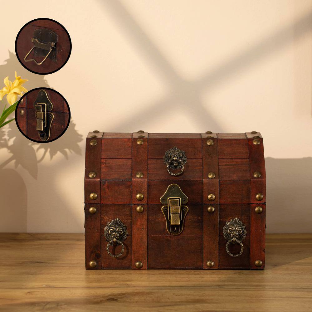 Antique Wooden Storage Trunk with Metal Lion Accents