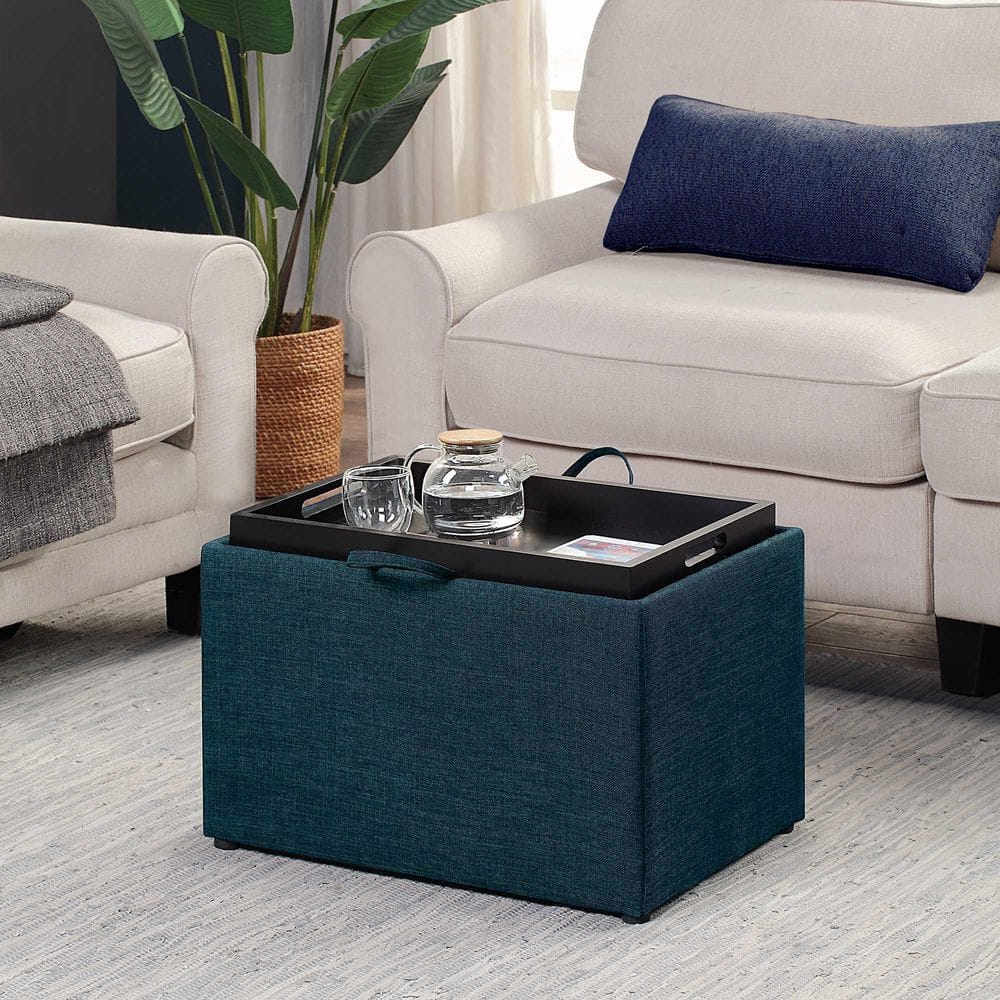 Dark Blue Fabric Storage Ottoman with Reversible Tray