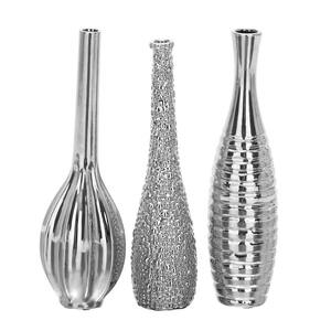 Silver Slim Textured Bottleneck Ceramic Decorative Vase with Varying Patterns (Set of 3)