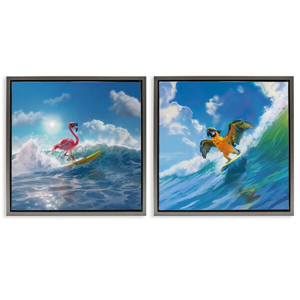 Parrot and Flamingo Surf by Jim Baldwin 2-Pieces Gray Floater Frame Coastal Graphic Art Print 18 in. x 18 in.