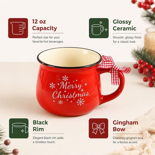 Wudkey 6-Piece Christmas Coffee Mugs Set for Holiday Drinks, 12 oz