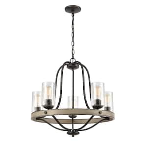 Prescott 5-Light Anvil Iron Wagon Wheel Chandelier with Clear Seeded Glass Shades