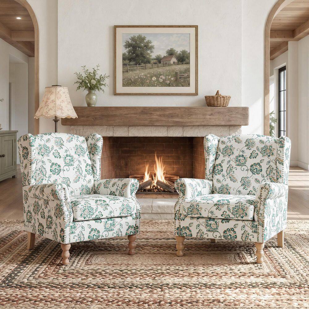 Traditional Upholstered Wingback Chair with High Back, Nailhead Trim and Solid Wood Legs in Floral Linen, Set of 2 price history on PriceWatchPro