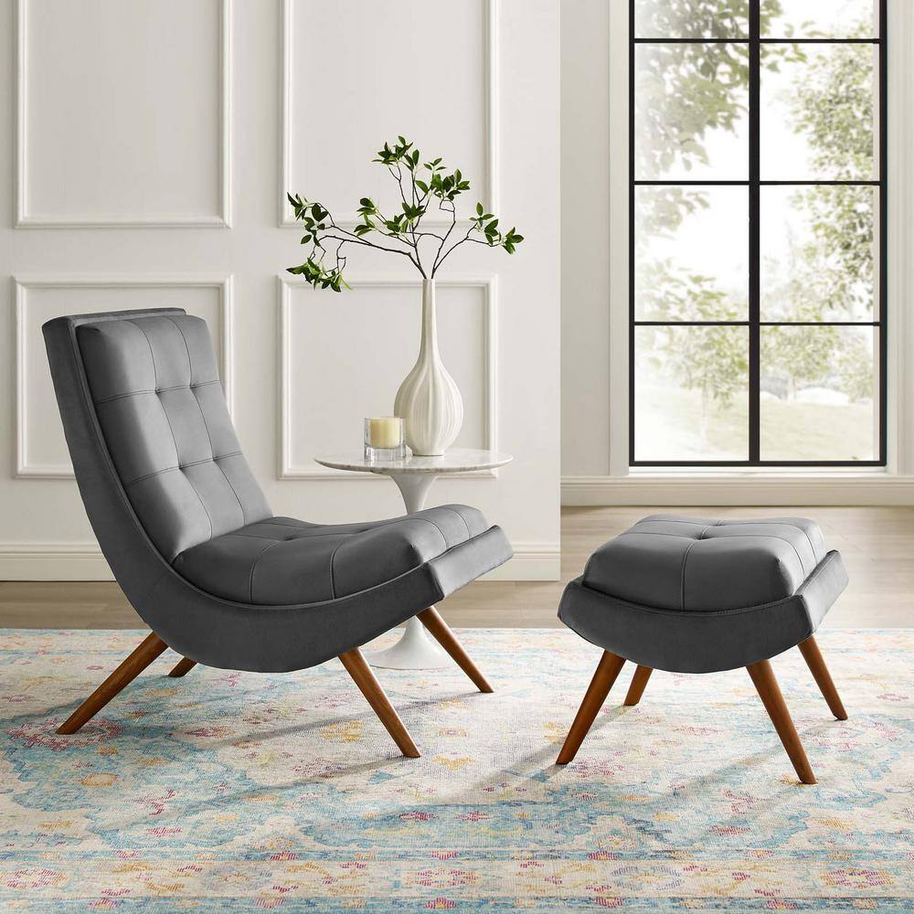 Ramp Modern Gray Velvet Lounge Chair and Ottoman Set