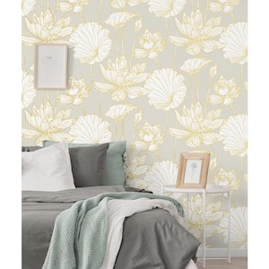 56 sq. ft. Grey and Gold Lotus Floral Prepasted Paper Wallpaper Roll