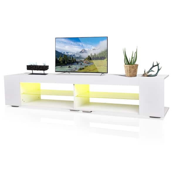 Unbranded White TV Stand Fits TV's up to 75 in. with LED Lights 71 in. Entertainment Center TV cabinet with Open Glass Shelves