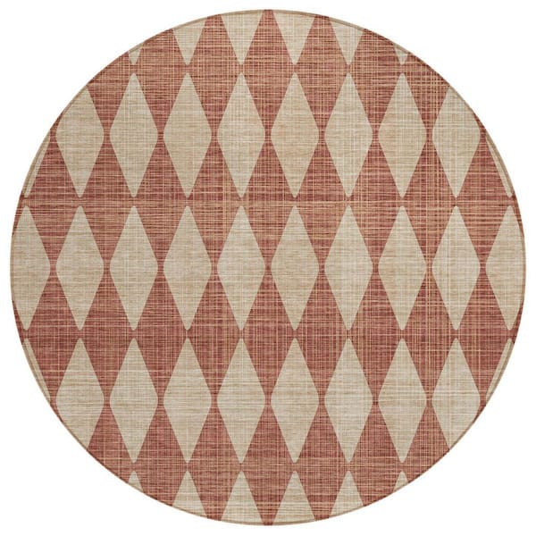 Orange, Copper 8 Round ft. Woven Geometric Polyester Round Indoor / Outdoor Area Rug