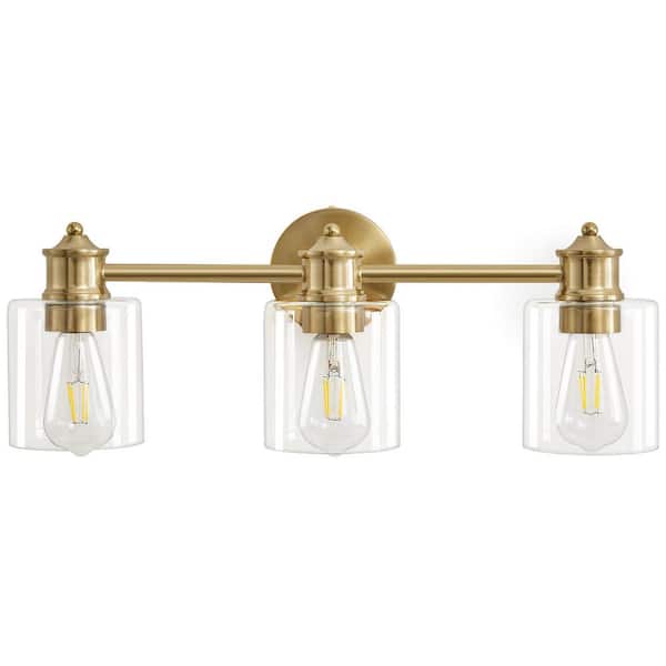Deyidn Modern 22.44 in. 3-Light Gold Vanity Light with Clear Glass Shade Dimmable Bathroom Vanity Light