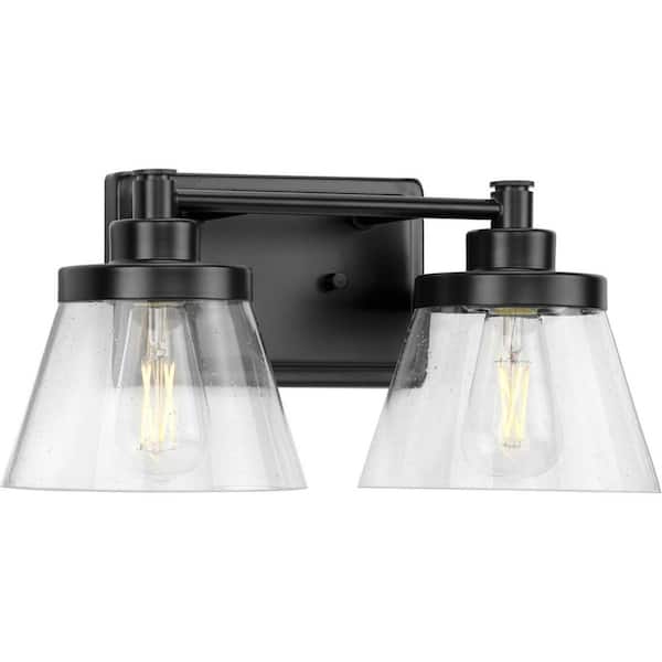 Progress Lighting Hinton Collection 15.5 in. 2-Light Matte Black Clear Seeded Glass Farmhouse Bath Vanity Light