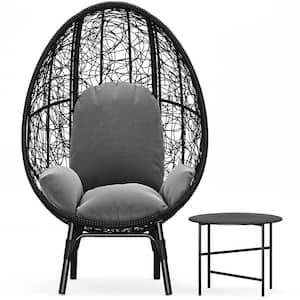 Black Wicker Outdoor Egg Lounge Chair with Grey Cushion and Side Table