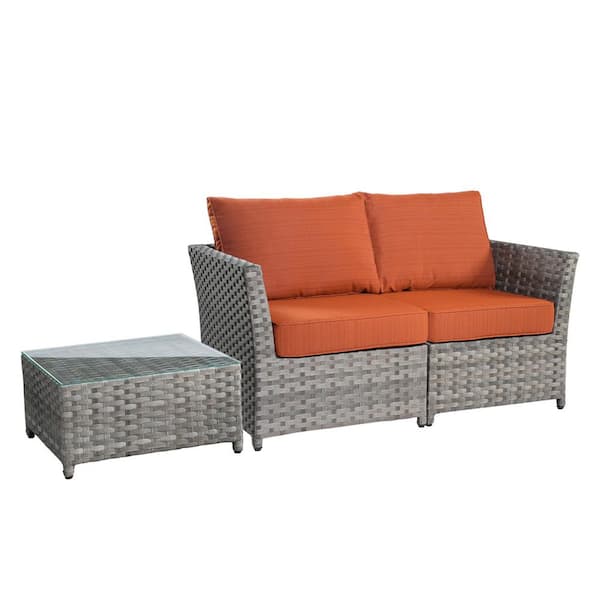 Vanilla 3 Pieces Wicker Patio Conversation Seating Sofa Set with Orange Red Cushions