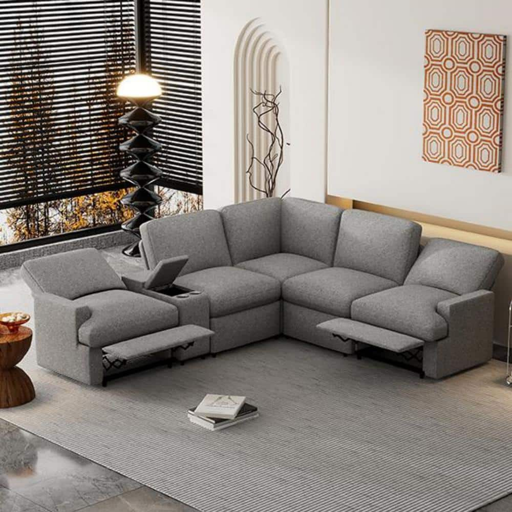 J&E Home 104 in. W Gray Square Arm Linen L Shaped 5-Seater Reclining ...