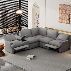 104 in. W Gray Square Arm Linen L Shaped 5-Seater Reclining Sectional Sofa with Storage Box, Cup Holders