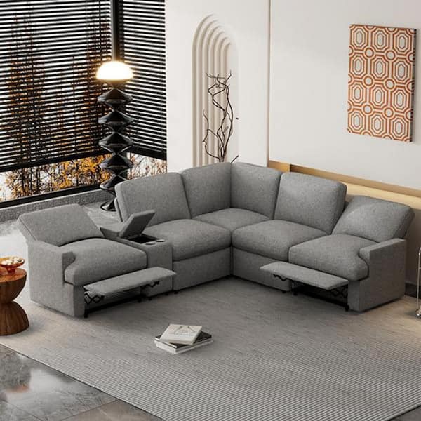 J&E Home 104 in. W Gray Square Arm Linen L Shaped 5-Seater Reclining Sectional Sofa with Storage Box, Cup Holders