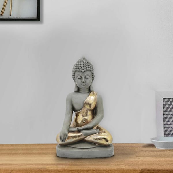 Benjara Gray Specialty Resin Sitting Buddha Design Accent Decor