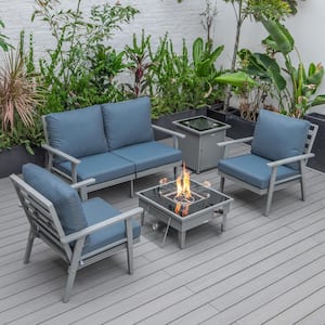 Walbrooke Grey 5-Piece Aluminum Square Patio Fire Pit Set with Navy Blue Cushions and Tank Holder