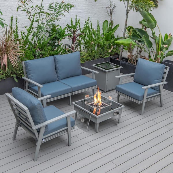 Leisuremod Walbrooke Grey 5-Piece Aluminum Square Patio Fire Pit Set with Navy Blue Cushions and Tank Holder