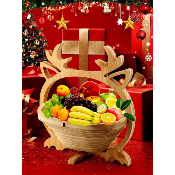 1 Piece Christmas Elk Wooden Fruit Basket, Foldable Bamboo Fruit Tray with Handle, Christmas Decorations