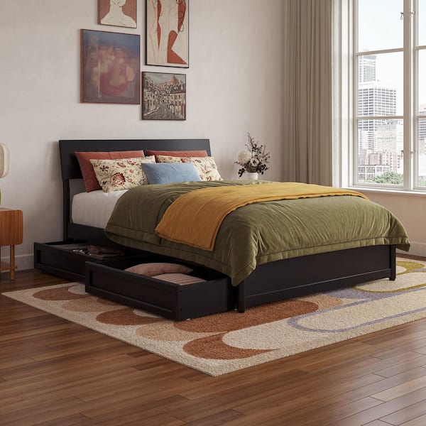 Norla Black Wood Frame Full Platform Bed with Footboard and Storage Drawers