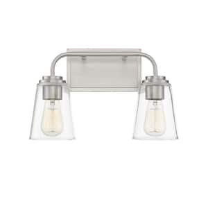 15 in. W x 9.75 in. H 2-Light Brushed Nickel Bathroom Vanity Light with Clear Glass Shades