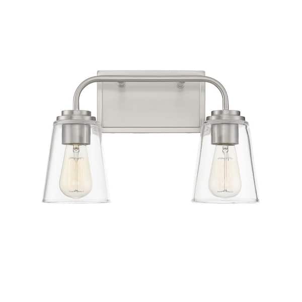 TUXEDO PARK LIGHTING 15 in. W x 9.75 in. H 2-Light Brushed Nickel Bathroom Vanity Light with Clear Glass Shades