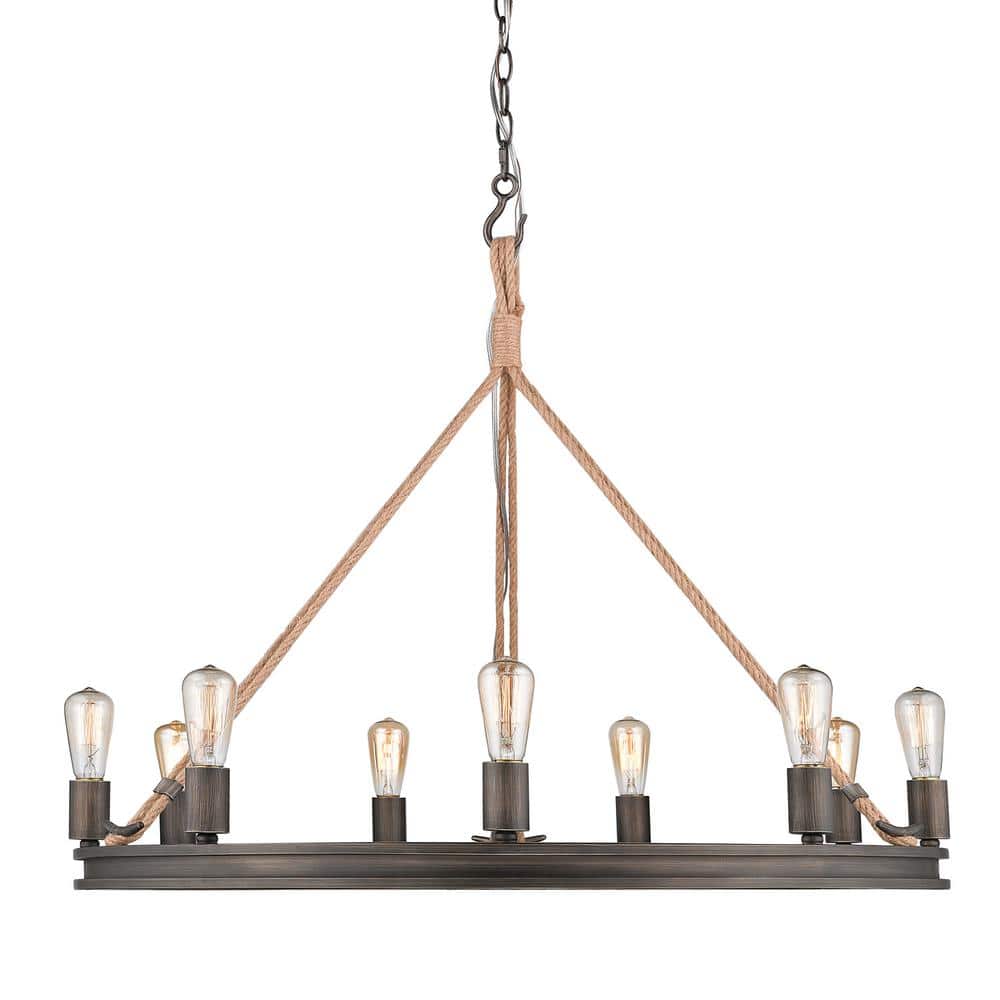Rustic Gunmetal Bronze 9-Light Chandelier with Nautical Rope