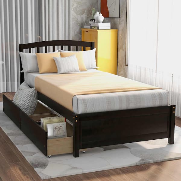 Espresso Wood Frame Twin Size Platform Bed with Two Drawers and Headboard