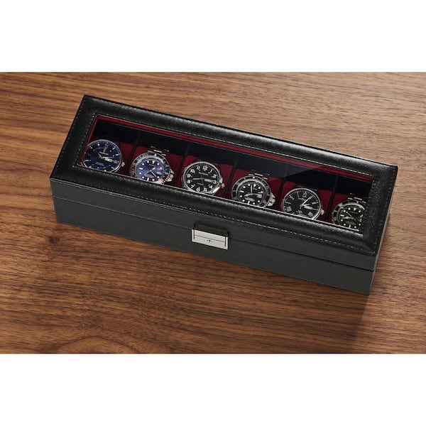 6-Slot Winered PU Leather Locking Watch Display Storage Case with